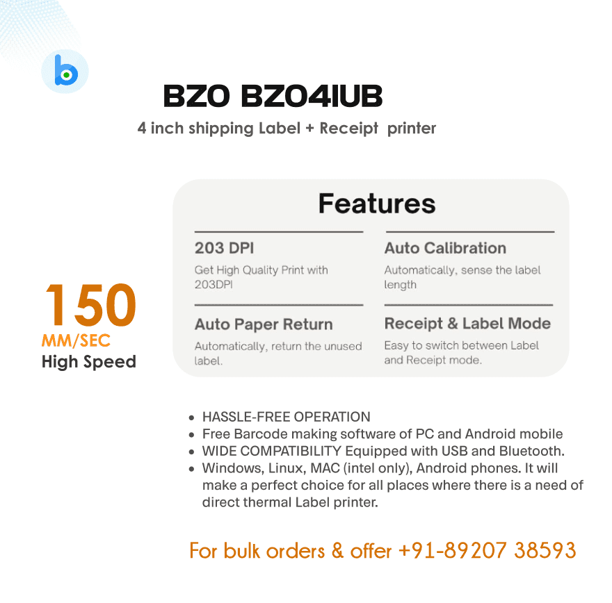 BZO POS 4 Inch Thermal Barcode Label Printer with Auto Calibration USB + Bluetooth