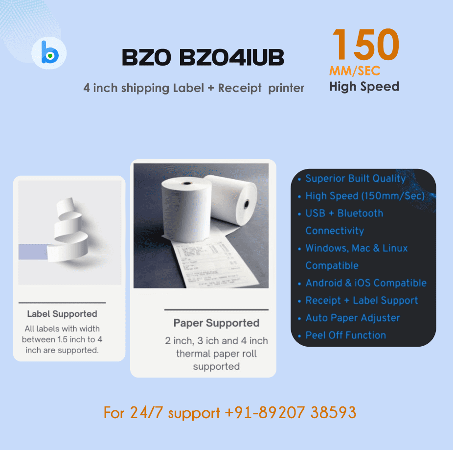 BZO POS 4 Inch Thermal Barcode Label Printer with Auto Calibration USB + Bluetooth