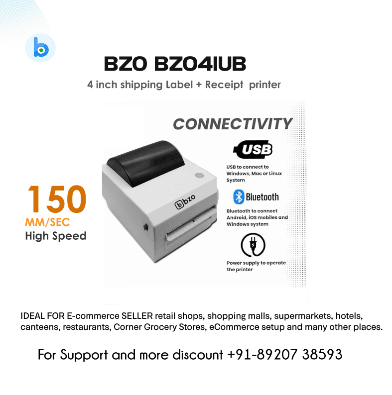 BZO POS 4 Inch Thermal Barcode Label Printer with Auto Calibration USB + Bluetooth