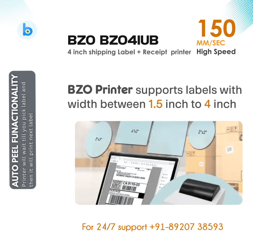 BZO POS 4 Inch Thermal Barcode Label Printer with Auto Calibration USB + Bluetooth